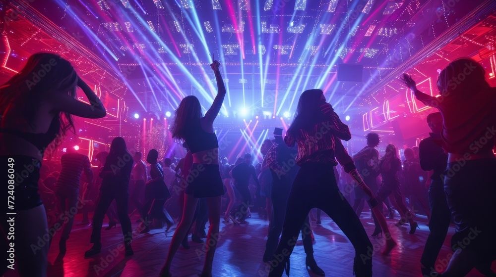 People dancing at a nightclub with colorful lights People dancing at a nightclub with colorful lights