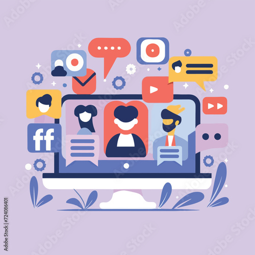 2d vector illustration colorful social media boost , influence blogger E-marketer via Internet pages marketing referral