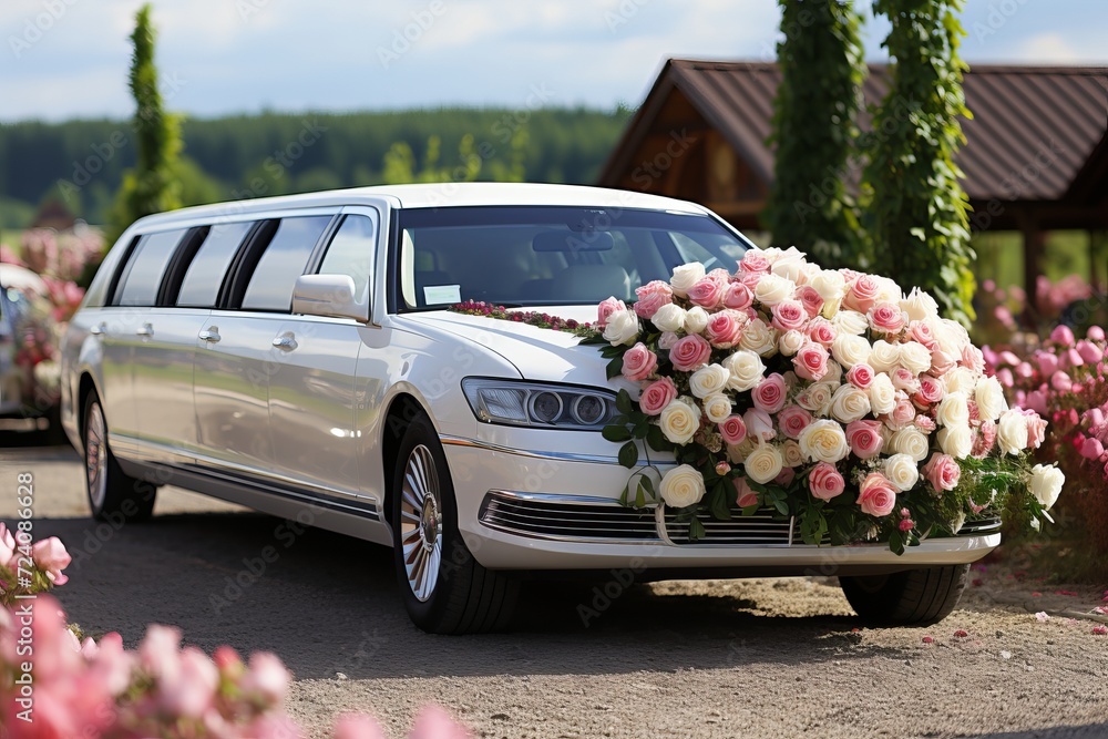Stunning just married white wedding limousine adorned with elegant script decoration - obrazy, fototapety, plakaty 