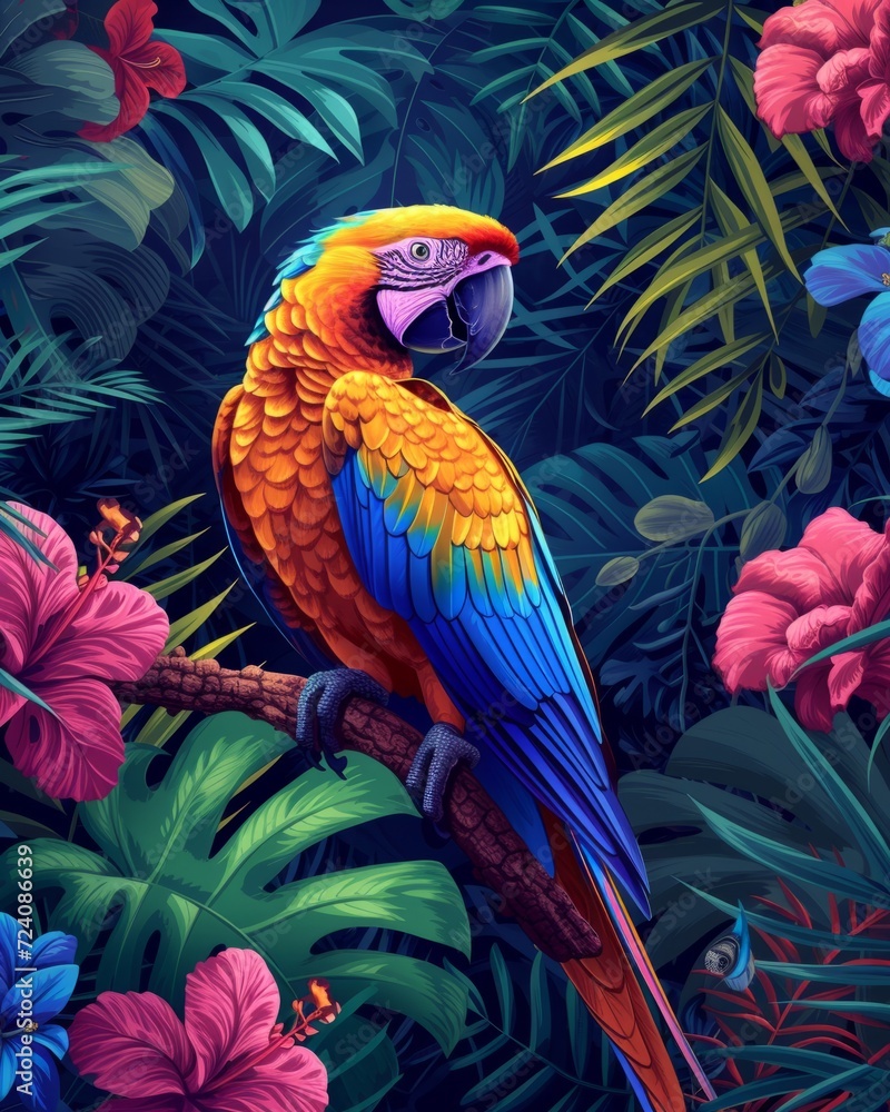 Stylized digital illustration of a colorful parrot in a tropical jungle, surrounded by vivid flora Stylized digital illustration of a colorful parrot in a tropical jungle, surrounded by vivid flora