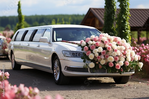 Stunning just married white wedding limousine adorned with elegant script decoration photo