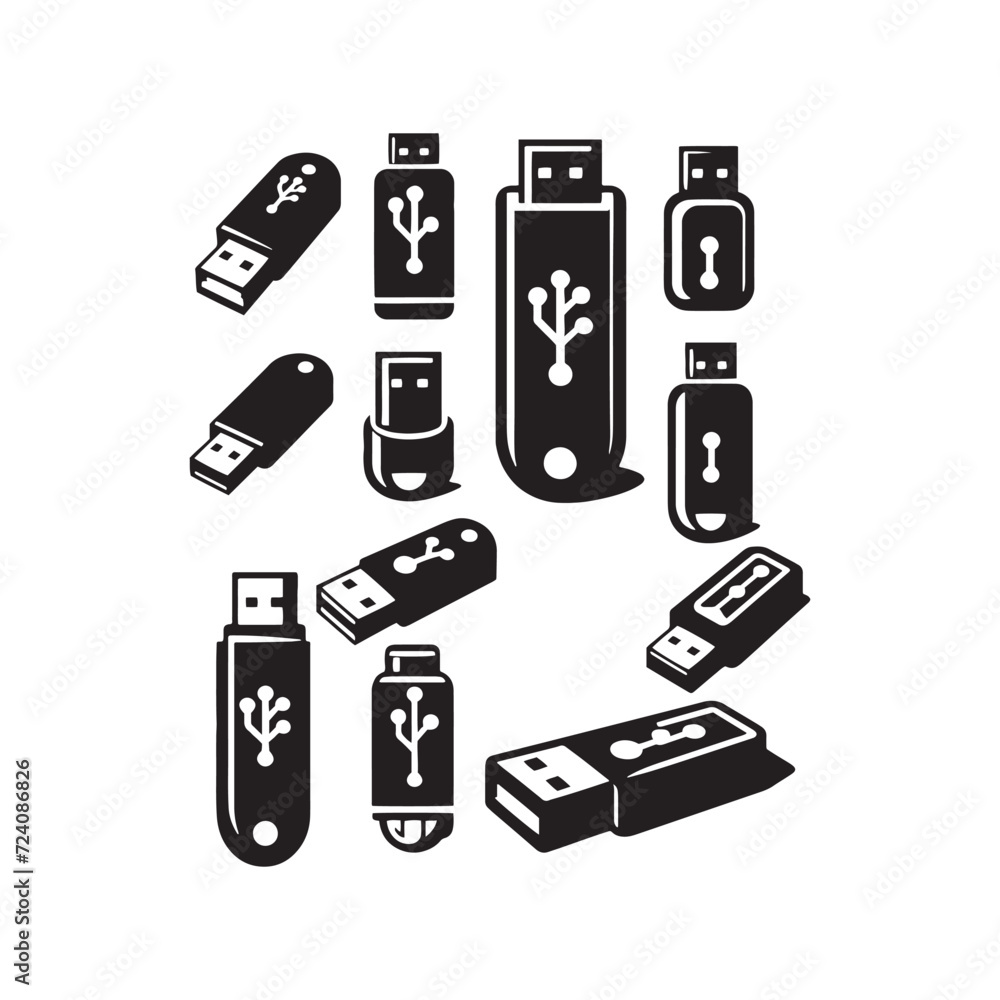 Network Nexus: USB Silhouettes Converging in a Dynamic Display of Connectivity and Technological Integration - USB Illustration - USB Vector - Storage Device Silhouette
Network Nexus: USB Silhouettes Converging in a Dynamic Display of Connectivity and Technological Integration - USB Illustration - USB Vector - Storage Device Silhouette