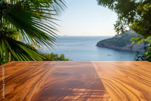 An empty wooden table with a blurred background of palm trees and the ocean