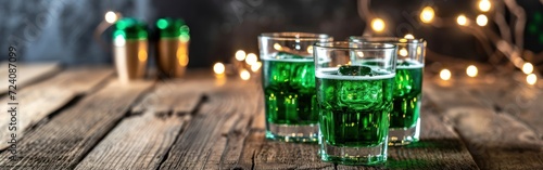Two glasses of green absinthe and Christmas lights on wooden background Banner