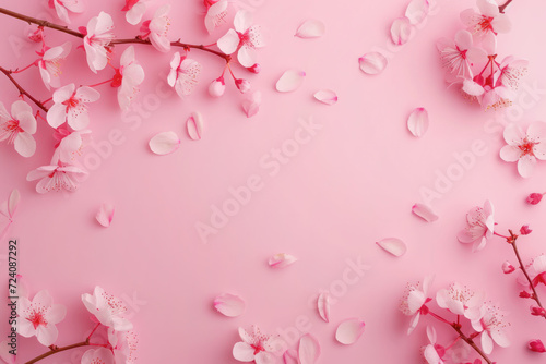 Pink spring background with delicate spring flowers with copy space. Product promotion, template, mockup, cosmetics, sales background. photo