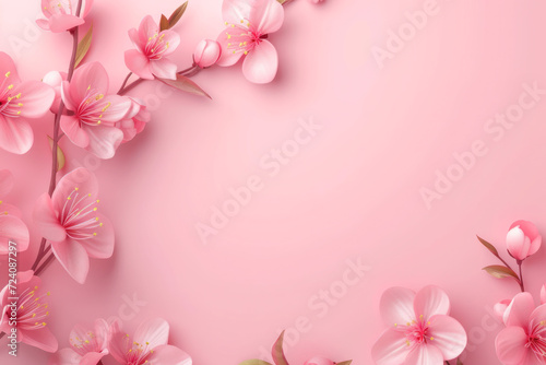 Pink spring background with delicate spring flowers with copy space. Product promotion, template, mockup, cosmetics, sales background.