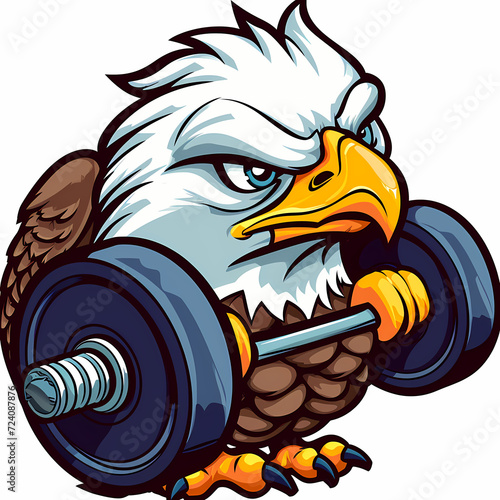 An eagle head barbell lifting weight gym cartoon mascot
