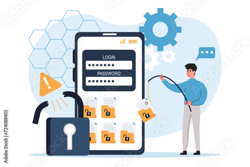 Cyber criminals phishing stealing private personal data, credentials, password, bank document and credit card. Cyber crime, hacker attack. Data protection concept. Vector illustrations.