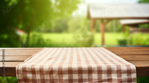 Empty wooden table with tablecloth ready for picnic in the garden.
 photo