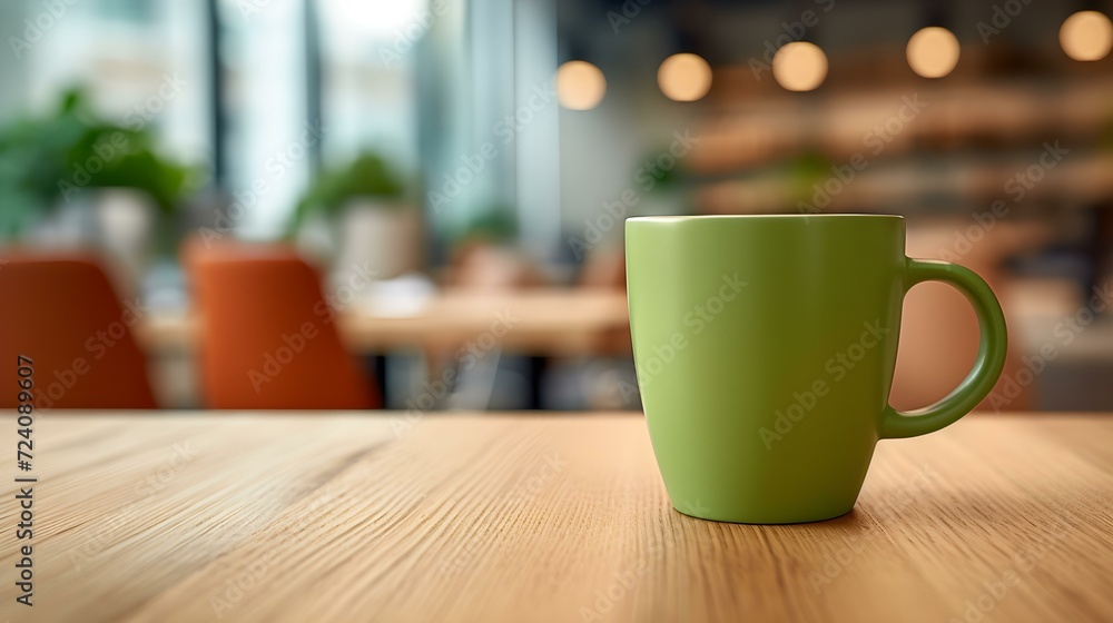 Green Coffee Cup on a wooden Table. Blurred Interior Background Green Coffee Cup on a wooden Table. Blurred Interior Background