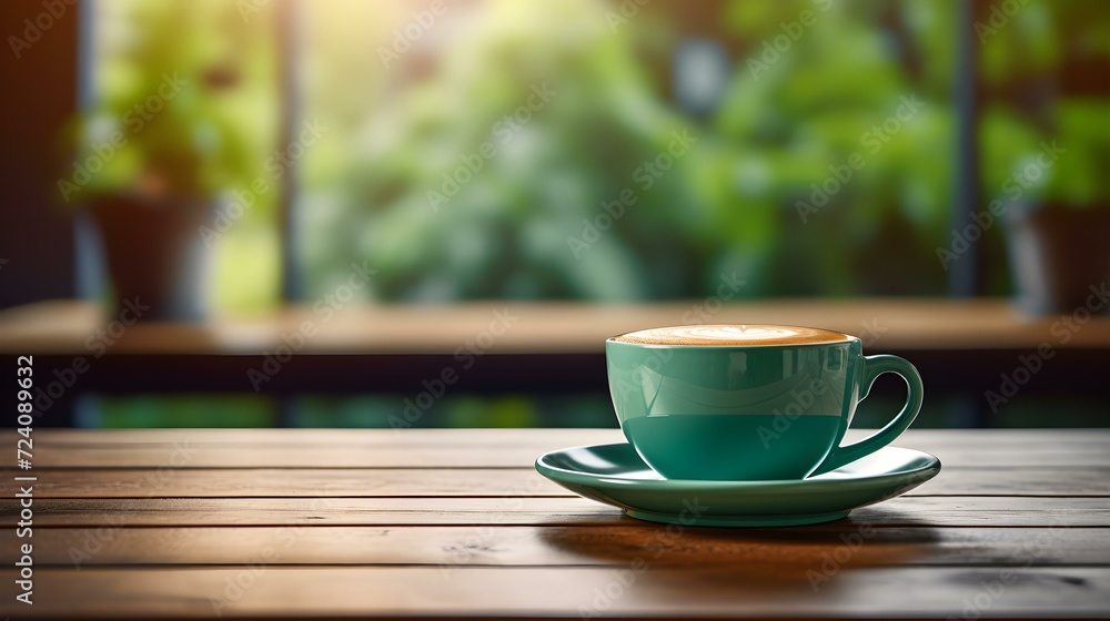 Green Coffee Cup on a wooden Table. Blurred Interior Background Green Coffee Cup on a wooden Table. Blurred Interior Background