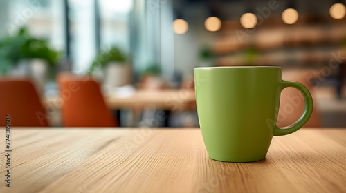 Green Coffee Cup on a wooden Table. Blurred Interior Background