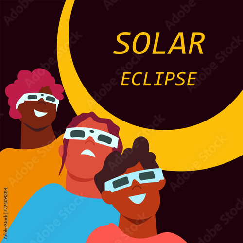 Solar eclipse. Group of joyful people with protective glasses looks at the solar eclipse. Poster template, web banner, or card.vector illustration.