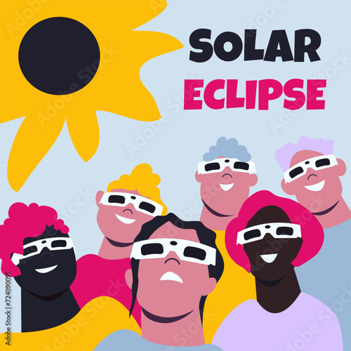 Solar eclipse. Group of joyful people with protective glasses looks at the solar eclipse. Poster template, web banner, or card.vector illustration.