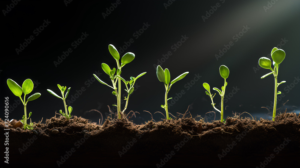 Stages of sprout growth in the ground. - obrazy, fototapety, plakaty 