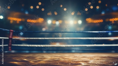 Boxing ring focused on the ropes with a bokeh of stadium lights, conveying anticipation photo
