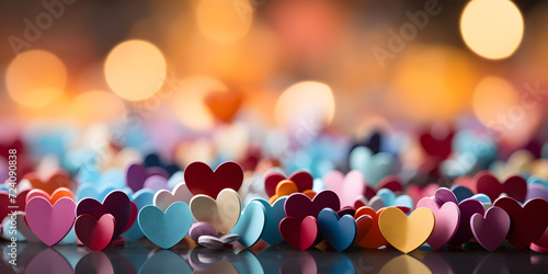 Abstract bokeh heart shaped decorations with blurry defocused background