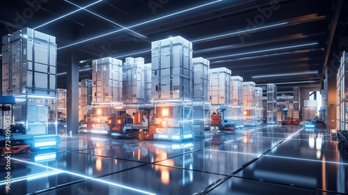 Wallpaper Mural An expansive, brightly lit warehouse with futuristic, silver storage units and robots organizing packages on glowing shelves Torontodigital.ca