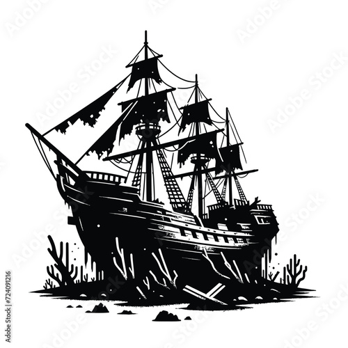 Shipwreck Silhouette with Tattered Sails