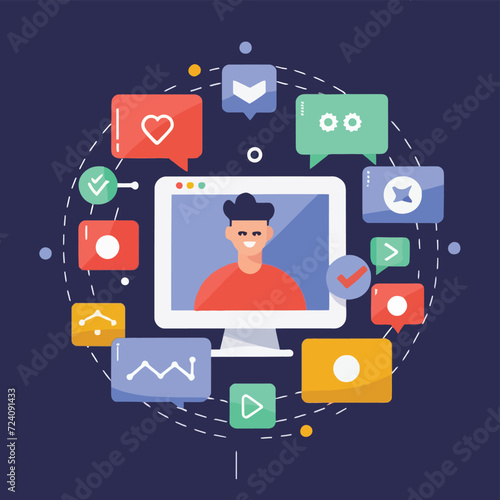 2d vector illustration colorful social media boost , influence blogger E-marketer via Internet pages marketing referral