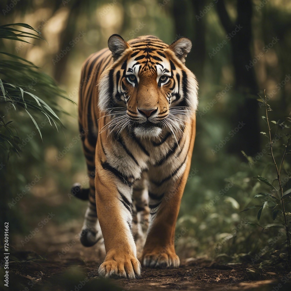 Fototapeta premium Majestic Tiger Striding Through Dense Jungle Filled with Exotic Flora and Fauna