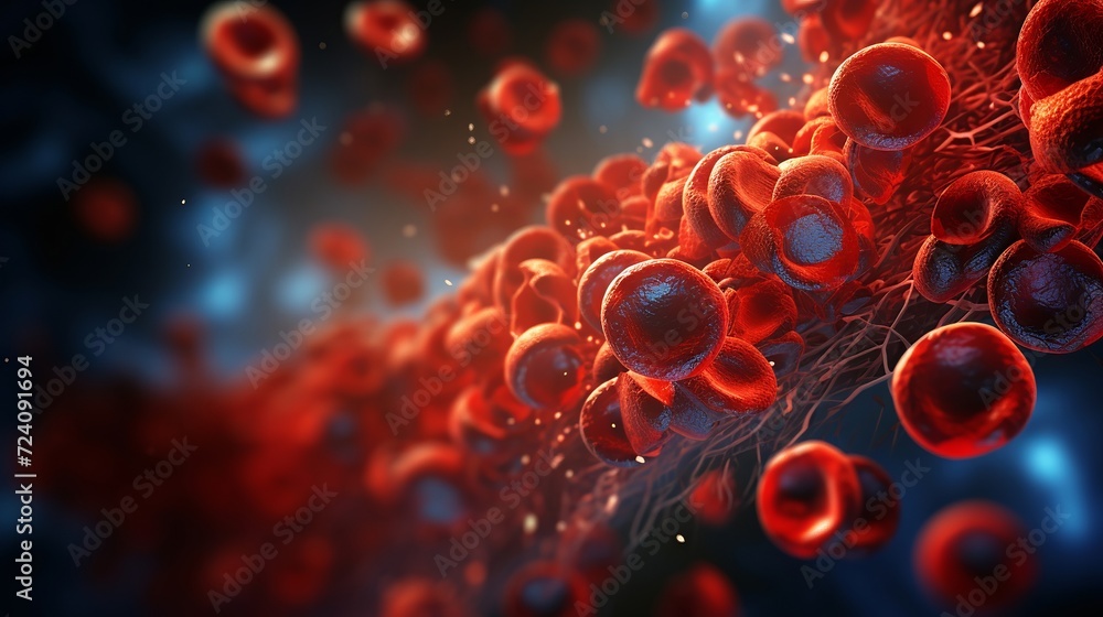 Microscopic view in a 3d render of blood cells traveling through a vein ...