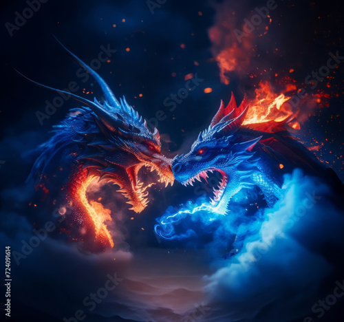 Two serpent dragons roaring and fighting