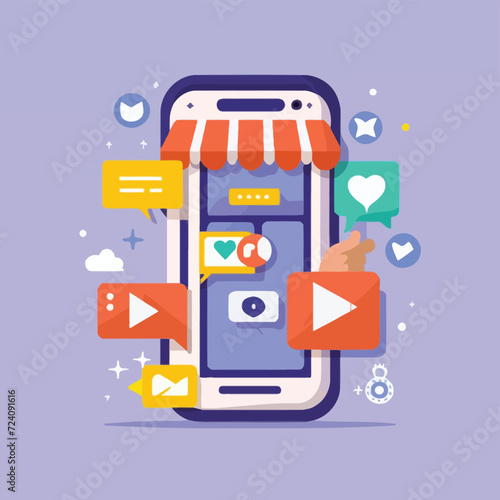 2d vector illustration colorful social media boost , influence blogger E-marketer via Internet pages marketing referral