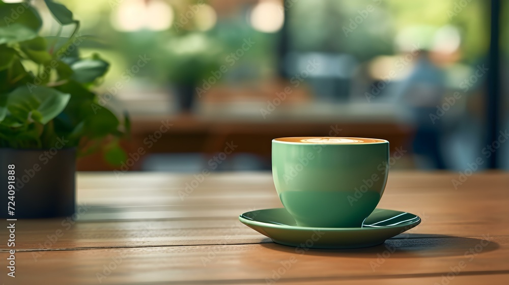 Khaki Coffee Cup on a wooden Table. Blurred Interior Background