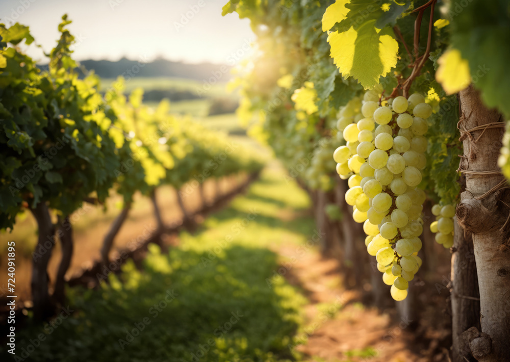 Fototapeta premium Bunches of white grapes hanging in vineyard