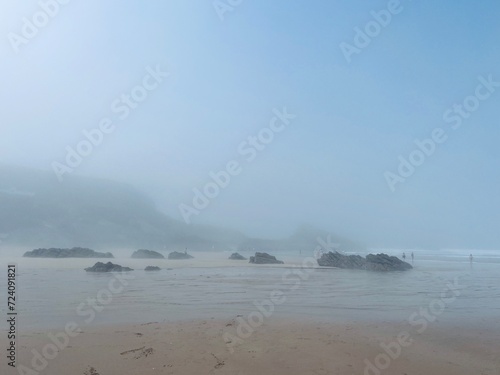 foggy ocean coast, fog at the ocean beach