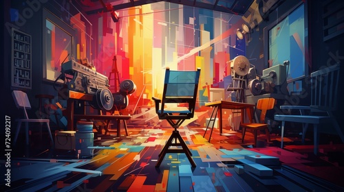 An abstract, color-blocked representation of a movie set, featuring a clapperboard and reels with a blurred background of director's chairs