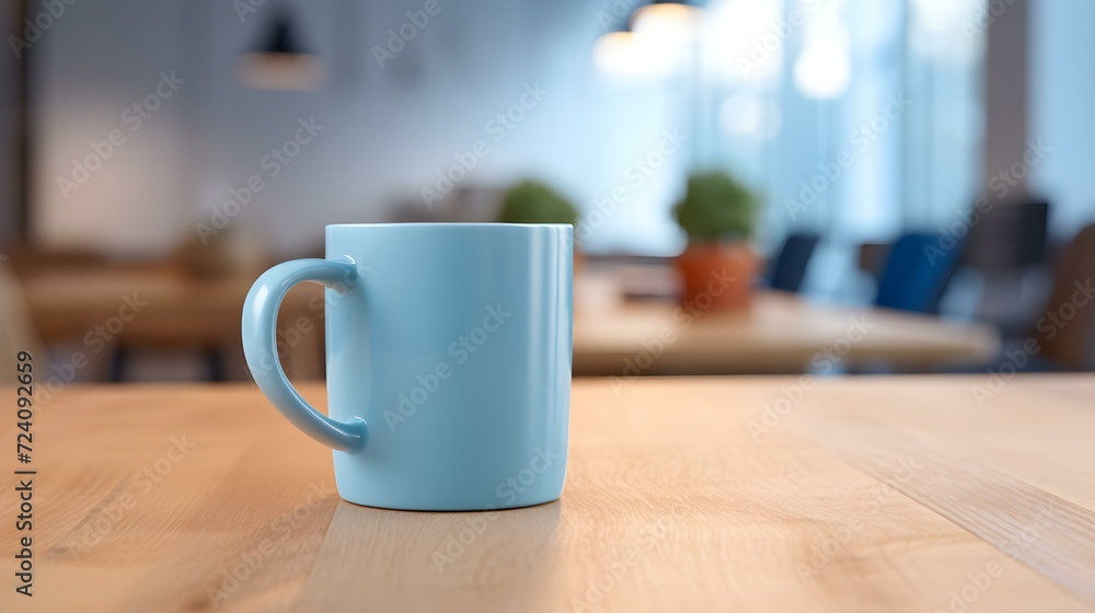 Light Blue Coffee Cup on a wooden Table. Blurred Interior Background