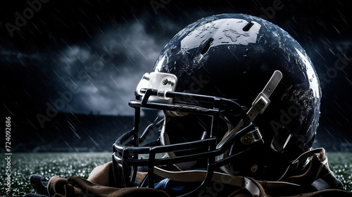 Dramatic spotlight image of football helmet and ball photo