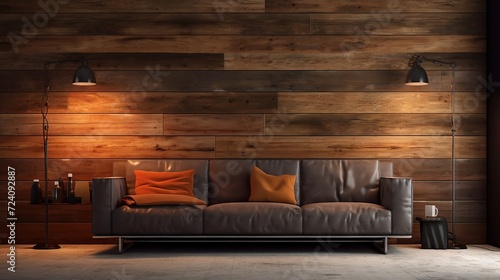 An elegant domestic scene featuring a modern couch, soft lighting from overhead lamps, and a contrasting rustic wooden wall