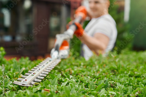 Obraz na płótnie Blur background of male gardener in uniform using electric trimming machine for pruning bushes on back yard. Focus on modern gardening equipment. Manual work concept. w salonie