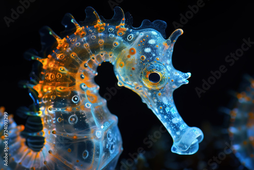 A blue seahorse in the dark sea deep. Generative AI