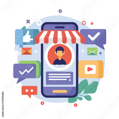 2d vector illustration colorful social media boost , influence blogger E-marketer via Internet pages marketing referral