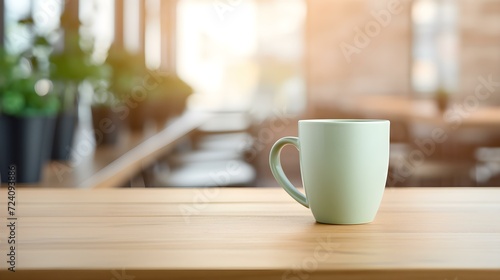 Light Green Coffee Cup on a wooden Table. Blurred Interior Background