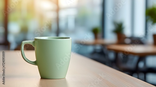 Light Green Coffee Cup on a wooden Table. Blurred Interior Background