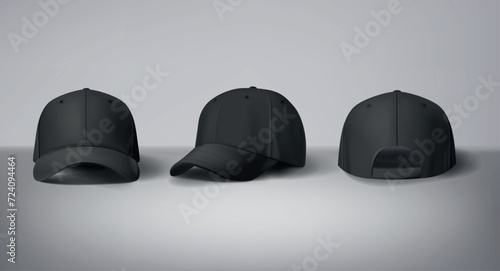 Black baseball caps mock up in gray background, front and back or different sides. For branding and advertising.