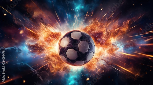 Conceptual digital art piece featuring a soccer ball exploding with light rays and particles, set against a cosmic backdrop © Malika