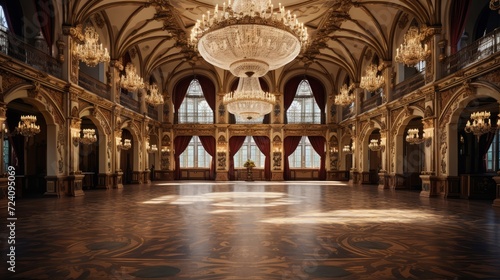 Grand ballroom with chandeliers, where a coronation is taking place, the crown held aloft before a cheering crowd