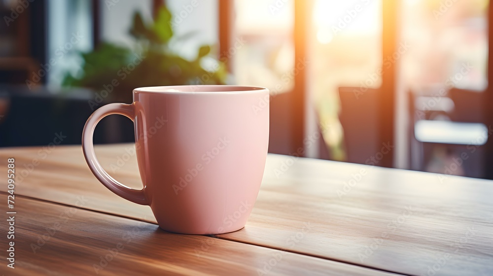 Light Pink Coffee Cup on a wooden Table. Blurred Interior Background