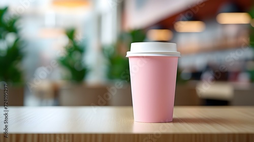 Light Pink Coffee Cup on a wooden Table. Blurred Interior Background