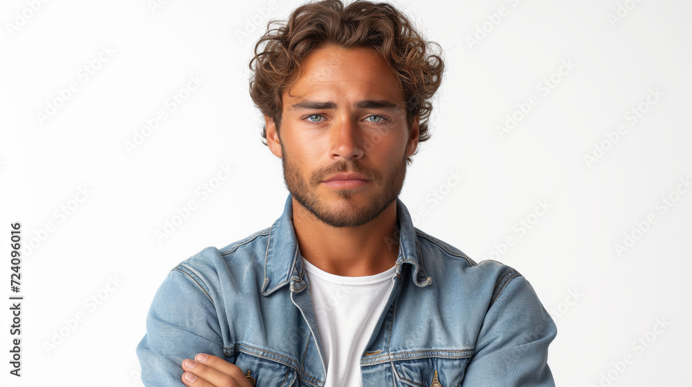 Fototapeta premium Radiant Style: Handsome Man with Joyful Expression on Solid Color Background