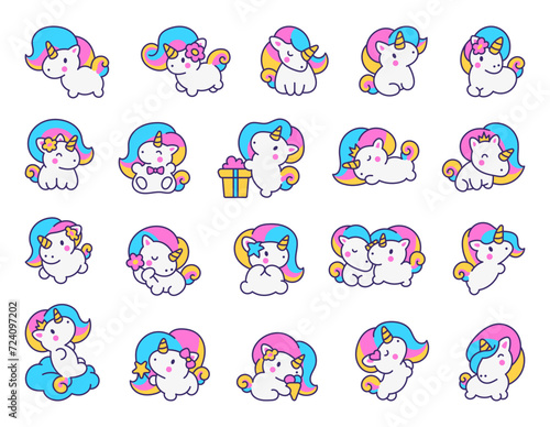 Cute kawaii little unicorn. Fairy tale cartoon happy pony characters. Hand drawn style. Vector drawing. Collection of design elements.