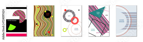 Geometric cover design, set of 5 covers. Abstract unusual background in Memphis style. Bright geometric shapes in random order