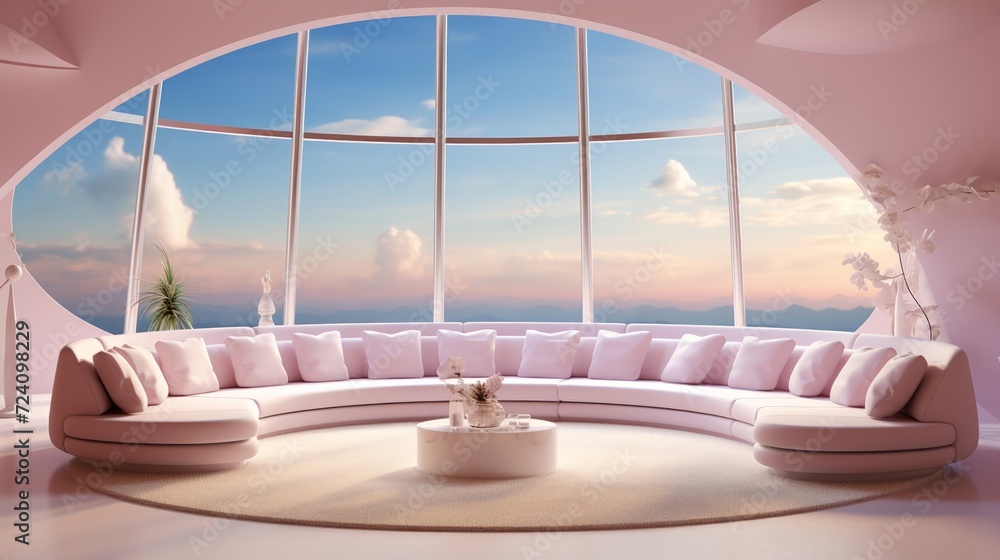 Fototapeta premium Soft pastel-colored circular couch centered in a surreal, open sky-themed room with vertical white lines and a reflective floor