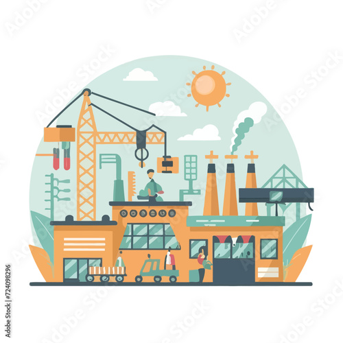 2d vector illustration colorful machine , worker and Industry and its development technology, factories and production lines icon